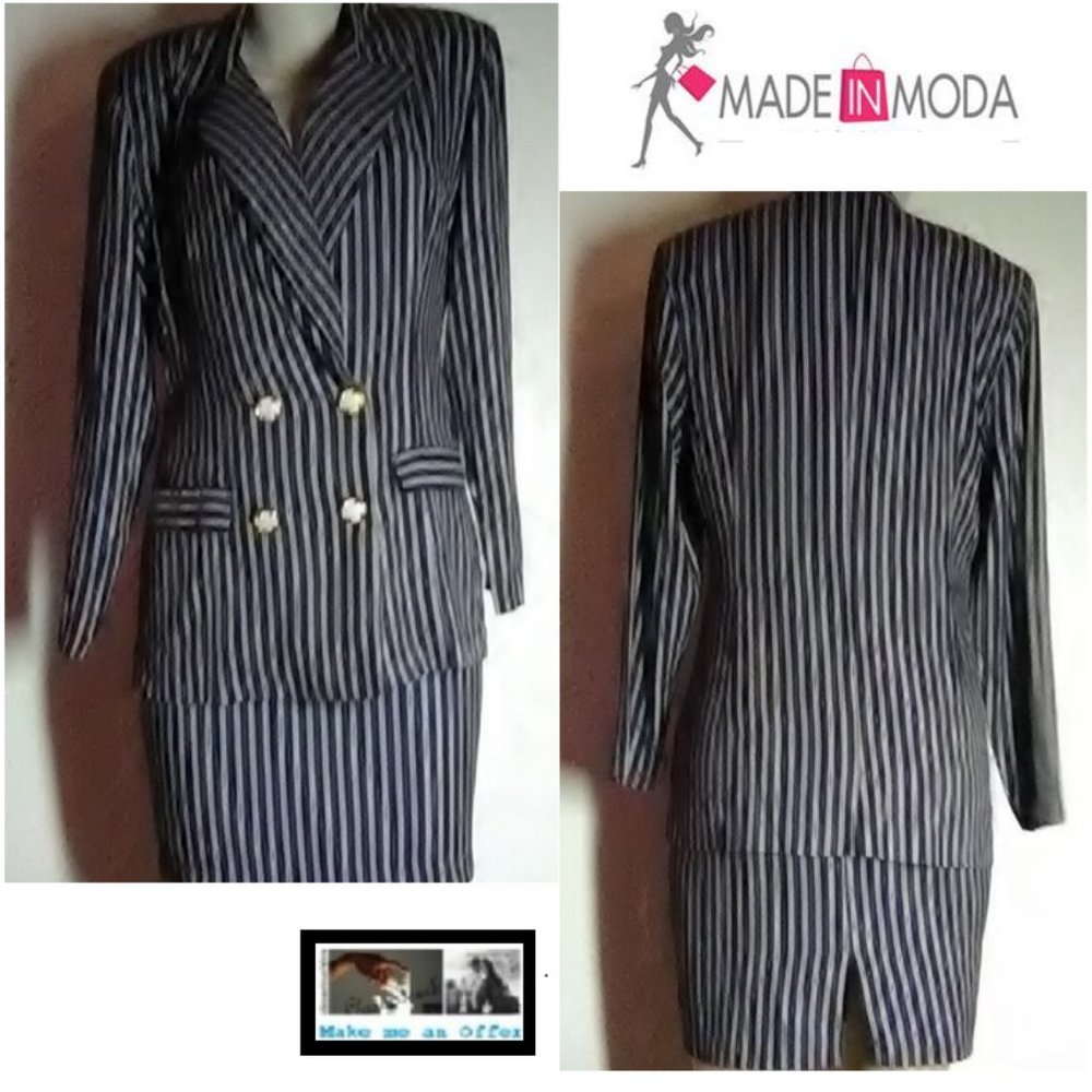 In Moda Skirt Suit Blue Beige Stripe  Size 9